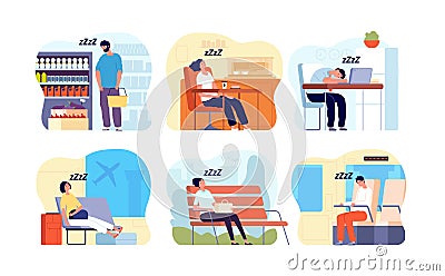 Sleepy people. Morning woman, public transport tired passenger. Person sleep in store office cafe bus, lazy bored mood Vector Illustration