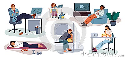 Sleepy people. Tired and asleep characters. Unexpected places. Overworked employees. Persons with narcoleptic seizure Vector Illustration