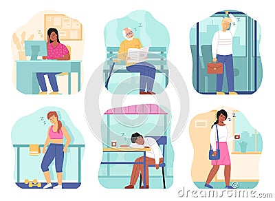 Sleepy people. Tired persons in different places, full-length isolated men and women, fatigue characters in office Vector Illustration
