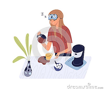 Sleepy person with spilled coffee in early Monday morning. Drowsy woman waking up and pouring coffe. Hard wakeup and Vector Illustration