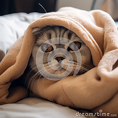 Sleepy Scottish Fold Cat on Cozy Blanket Stock Photo