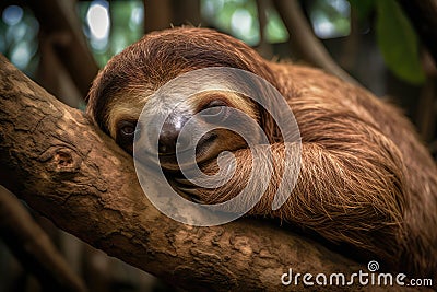 Sleepy Sloth Hangs From Tree Branch, Enjoying Restful Slumber. Generative AI Stock Photo