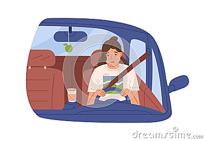 Sleepy tired woman driver in car. Drowsy asleep person driving auto. Female sleeping during ride early in morning. Flat Vector Illustration