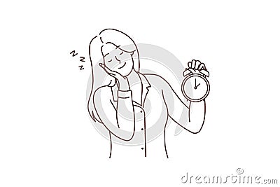 Sleepy woman with clock Vector Illustration