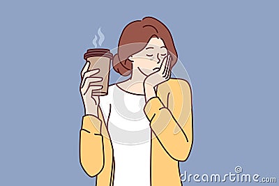 Sleepy woman holds paper cup of coffee and falls asleep standing up due to severe exhaustion Vector Illustration