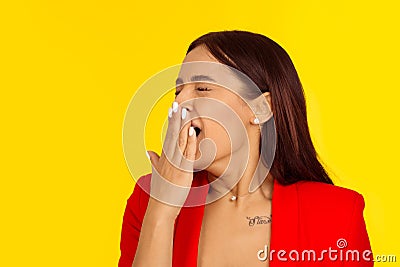 Sleepy woman with wide open mouth yawning eyes closed Stock Photo