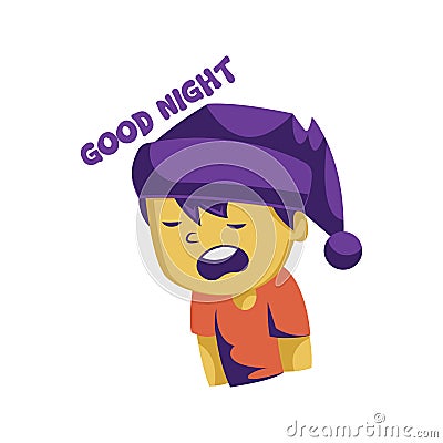 Sleepy yellow boy with purple sleeping hat saying Good night vector illustration on a Vector Illustration