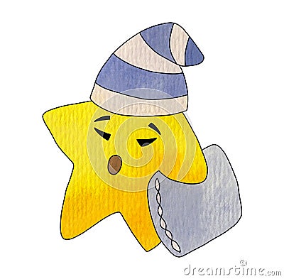 A sleepy yellow star in a striped cap holds a pillow Cartoon Illustration