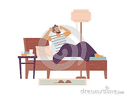 Sleepy young man wake up and stretching in bed at morning a vector illustration. Vector Illustration