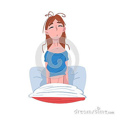 Sleepy Young Woman Sitting in her Bed after Waking Up, People Activity Daily Routine Cartoon Style Vector Illustration Vector Illustration