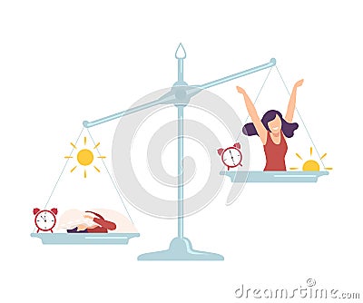 Sleepyhead Girl on One Side of Scales, Early Riser Girl on the Other, Bad and Good Habits, Choosing Between Healthy and Vector Illustration