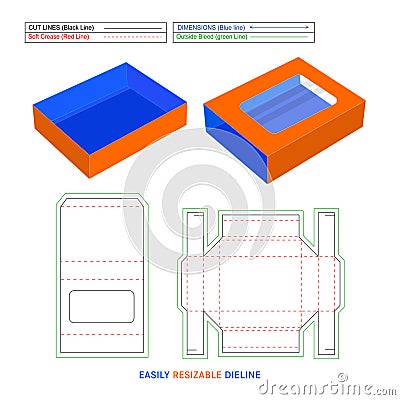 Sleeve drawer box, chocolate paper drawer box die line template and 3D render, editable and resizeable vector file Vector Illustration