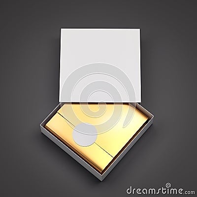 Sleeve drawer box with golden wrapping foil paper mock up. Package blank Sliding drawer white Cardboard Box mockup Stock Photo