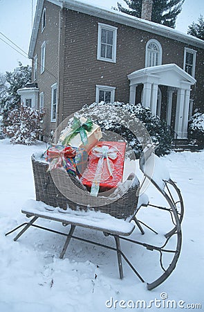Sleigh filled with Christmas gifts on a snowy day Editorial Stock Photo