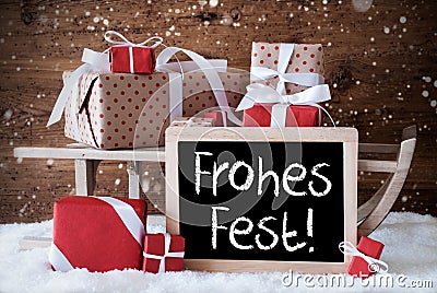 Sleigh With Gifts, Snow, Snowflakes, Frohes Fest Means Merry Christmas Stock Photo