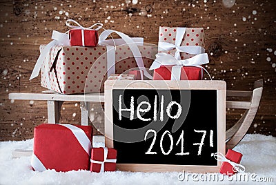 Sleigh With Gifts, Snow, Snowflakes, Text Hello 2017 Stock Photo