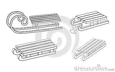 Sleigh outline set. Winter snow sledge for children icon collection. Wooden vector sled. Classic child old wood transport vehicle Vector Illustration