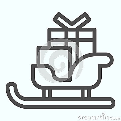 Sleigh with skis line icon. Santa Claus sled with present gift boxes. Christmas vector design concept, outline style Vector Illustration