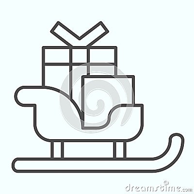 Sleigh with skis thin line icon. Santa Claus sled with present gift boxes. Christmas vector design concept, outline Vector Illustration