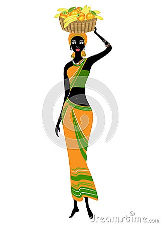 Slender beautiful African-American lady. The girl carries a basket on her head with bananas, oranges, persimmons. Vector Cartoon Illustration