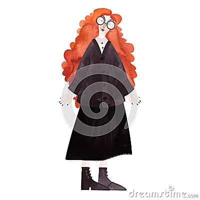 A slender, beautiful, smiling, cheerful young girl with a mop of bright red curls wearing glasses, a dark knitted Cartoon Illustration