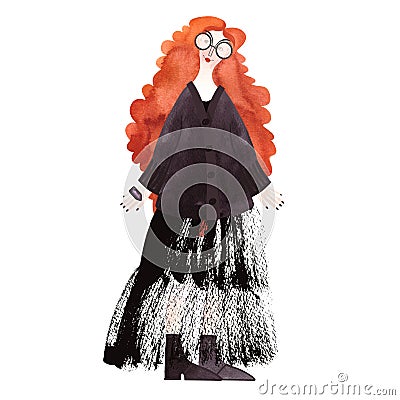 A slender, beautiful, smiling, cheerful young girl with a mop of bright red curls wearing glasses, a dark knitted Cartoon Illustration