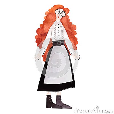 A slender, beautiful, smiling, cheerful young girl with a mop of bright red curls wearing glasses, a white vintage Cartoon Illustration