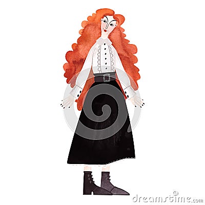 A slender, beautiful, smiling, cheerful young girl with a shock of bright red curls in a white vintage blouse, a black Cartoon Illustration