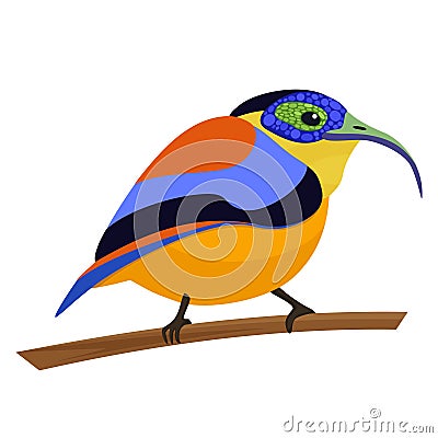 Slender billed scimitar babbler, passerine bird sitting on tree branch in tropical forest Vector Illustration