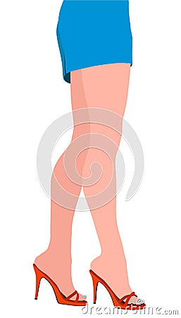 Slender female legs in red high heels and a blue short skirt. Cartoon style. Vector illustration Vector Illustration