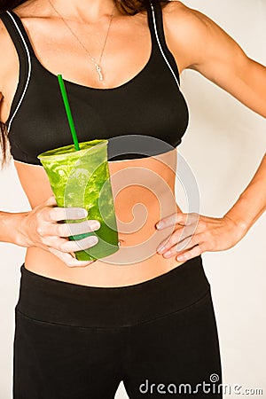 Slender Female Torso Tanned Toned Body Blended Fruit Smoothie Stock Photo