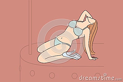 Girl in lingerie dances striptease on stage entertaining visitors to stag party Vector Illustration