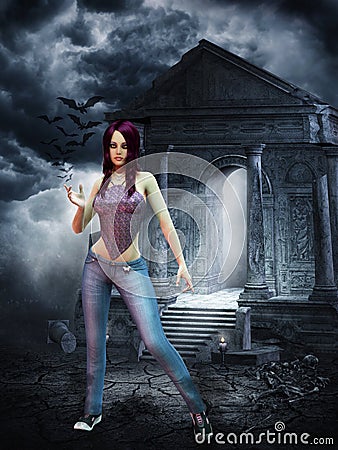 Slender purple haired vampire girl Stock Photo