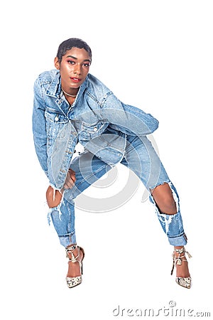 Black hair and blue jeans Stock Photo