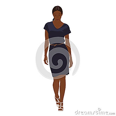 Slender young woman going in dark blue dress Vector Illustration