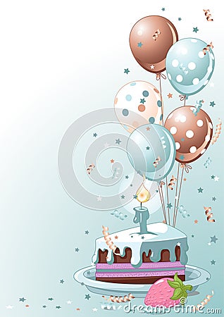 Slice Of Birthday Cake With Balloons Vector Illustration