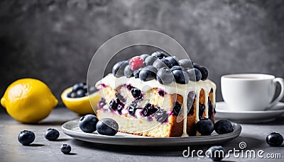A slice of blueberry cake with a lemon wedge and a cup of coffee Stock Photo