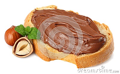 Slice of bread with chocolate cream with hazelnut isolated on white background Stock Photo