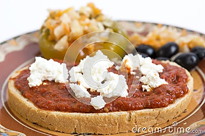 Slice bread chutney cheese olives pickle Stock Photo