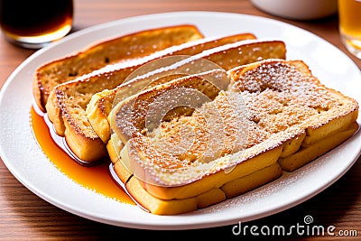 Slice of bread with honey on a white plate on wooden table Stock Photo