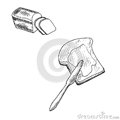 Slice bread, toast with butter and knife. Ink hand drawn monochrome sketch stock vector illustration Vector Illustration