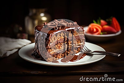 Slice of chocolate layered birthday cake . AI Generated Stock Photo