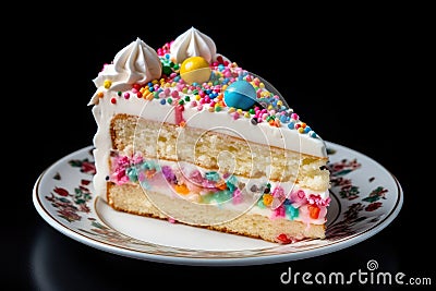 A slice of a delicious frosted birthday cake with a decorative design Stock Photo