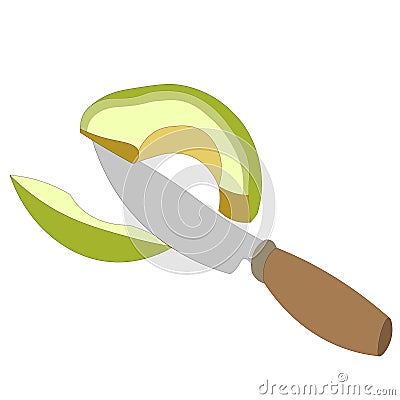 Slice fresh avocado with knife with wooden handle. Cutting food with sharp metal knife. Vector illustration of healthy vegan food Vector Illustration