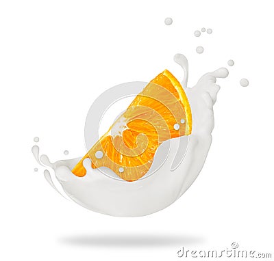 Slice of fresh orange with splashes of cream close-up Stock Photo