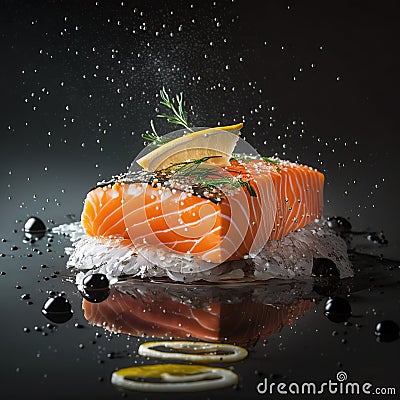 Slice of fresh salmon with dill and lemon on pile of rice with drops of balsamic sauce. Generative AI. Cartoon Illustration