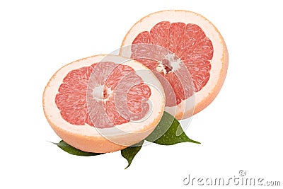 Slice Grapefruit with leaves on a white background Stock Photo