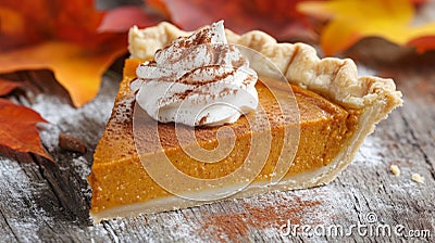 slice of homemade pumpkin pie, topped with a dollop of whipped cream on a rustic wooden background Stock Photo