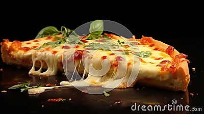 A slice of hot Italian pizza with stretching cheese. Pizza four cheeses with basil Stock Photo