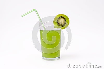 Slice of kiwi and glass of kiwi juice with straw Stock Photo